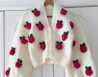 Rose flower motif cardigan 【white】 Pink Roses White Cardigan,gift, Gift for Women, Cardigan