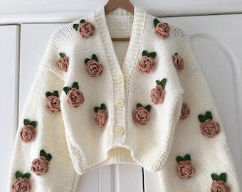 Rose flower motif cardigan 【white】 Leilayca Yellow Rose Cardigan , Chunky Cropped Cardigan for