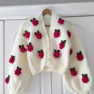 Handmade Pink Roses Cardigan: Floral Chunky Knit Crop Top - Etsy