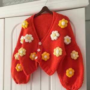 Orange Flowers Daisy Cardigan, Cardigan Women, Gift For Women, Chunky Cardigan, Fluffy Cardigan, Big Flowers Cardigan, Soft Knit Jacket