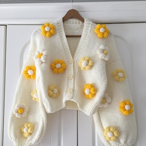 Yellow Flowers Daisy Cardigan, Cardigan Women, Gift For Women, Chunky Cardigan, Fluffy Cardigan, Big Flowers Cardigan, Soft Knit Jacket