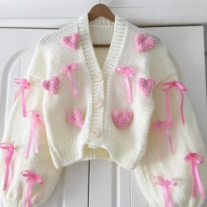 Pink Heart White Cardigan, Ribbon Cardigan, Custom Cozy Wool Crop Soft Sweater, Trendy Gift, Unique Mother&#39;s Day Gift for Women