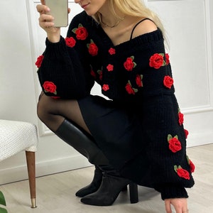Red Roses Black Cardigan, Cardigan Women,New Season Trendy Chunky Cardigan, Crochet 3D Cardigan, Gift, Cozy Cardigan, Long Sleeve Cardigan