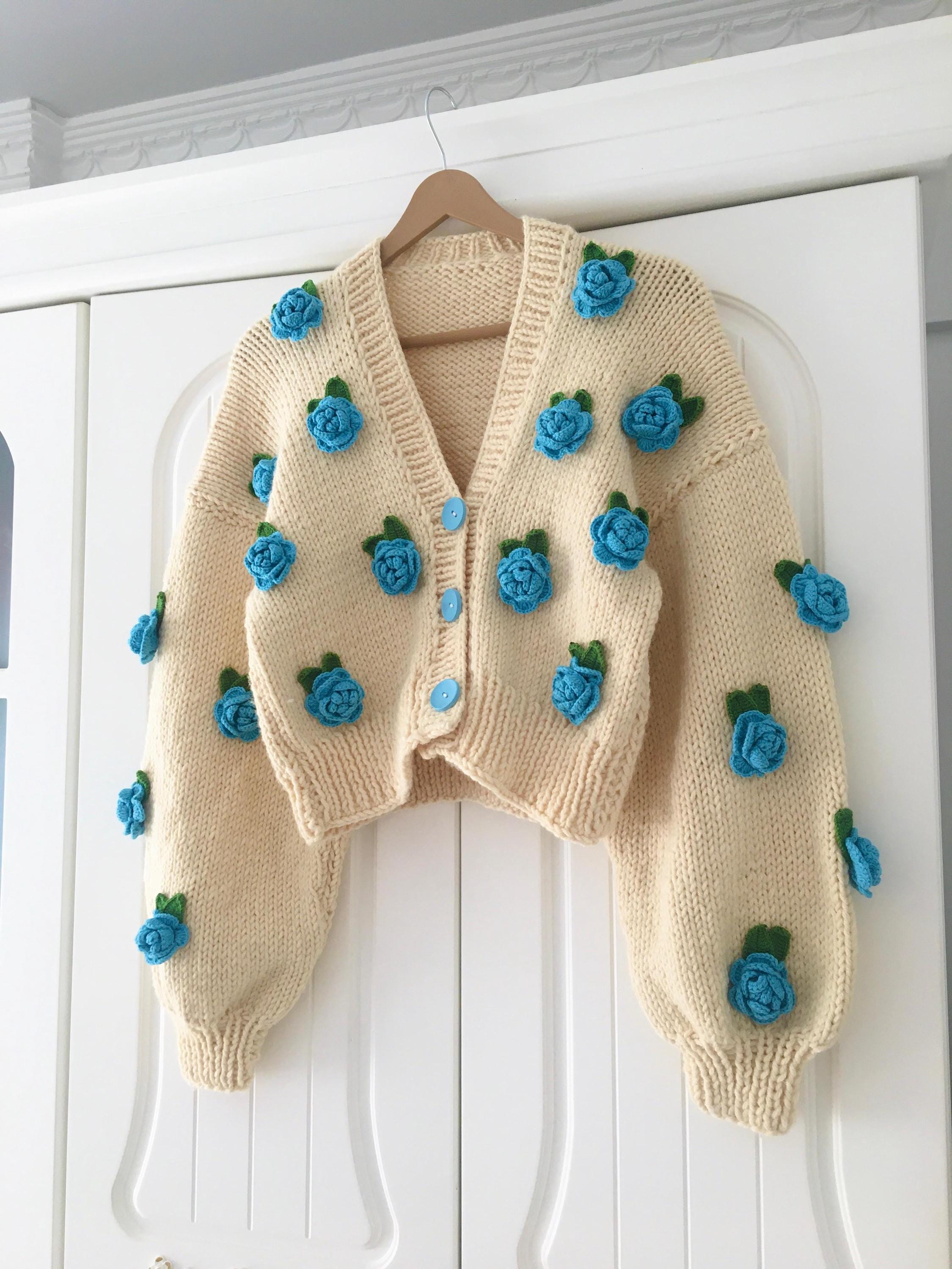 Handmade Blue Roses Knit Cardigan: Floral Crop Sweater - Etsy