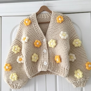 Yellow Flowers Daisy Cardigan, Cardigan Women, Gift For Women, Chunky Cardigan, Fluffy Cardigan, Big Flowers Cardigan, Soft Knit Jacket