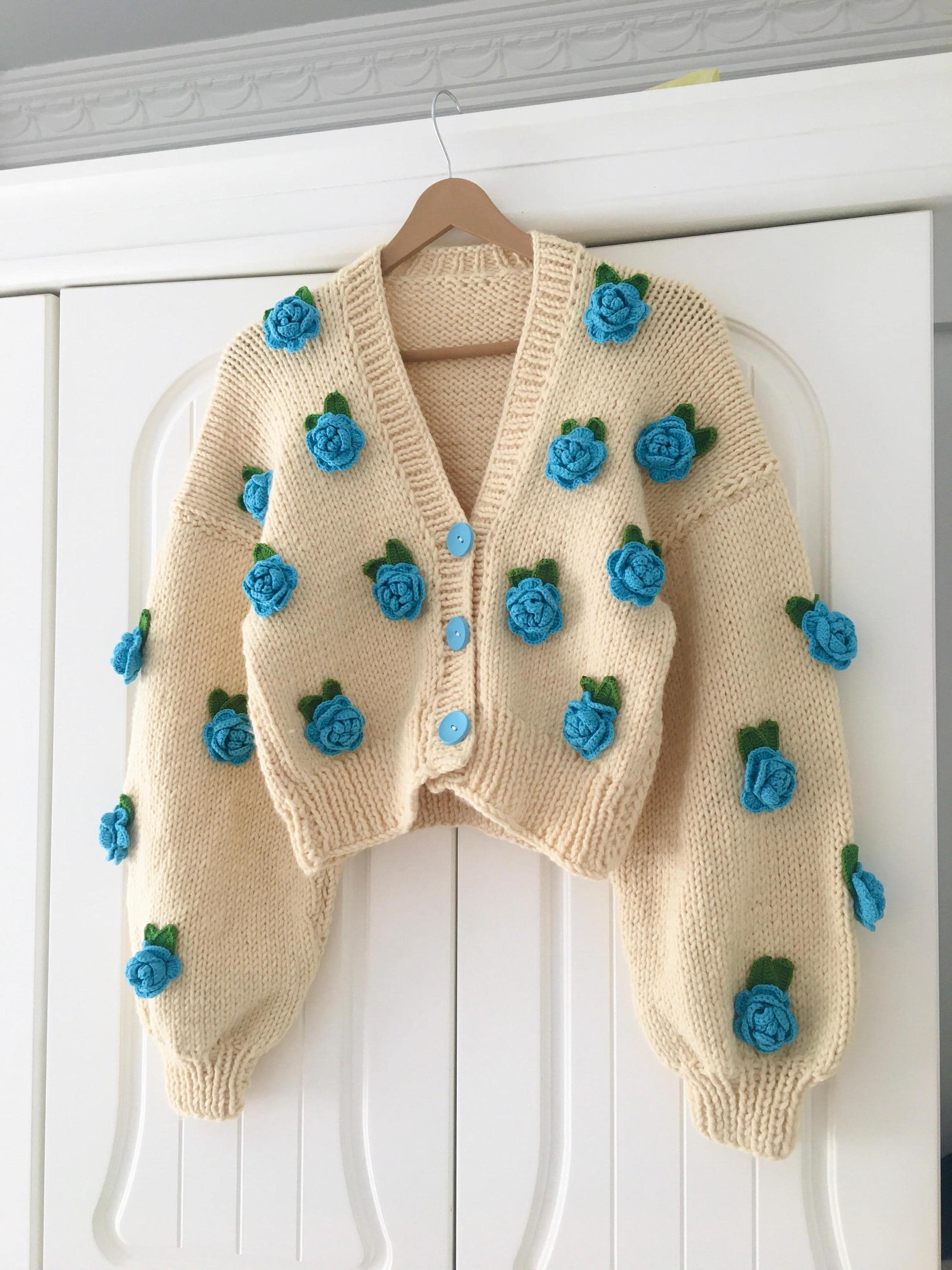 Handmade Blue Roses Knit Cardigan: Floral Crop Sweater - Etsy