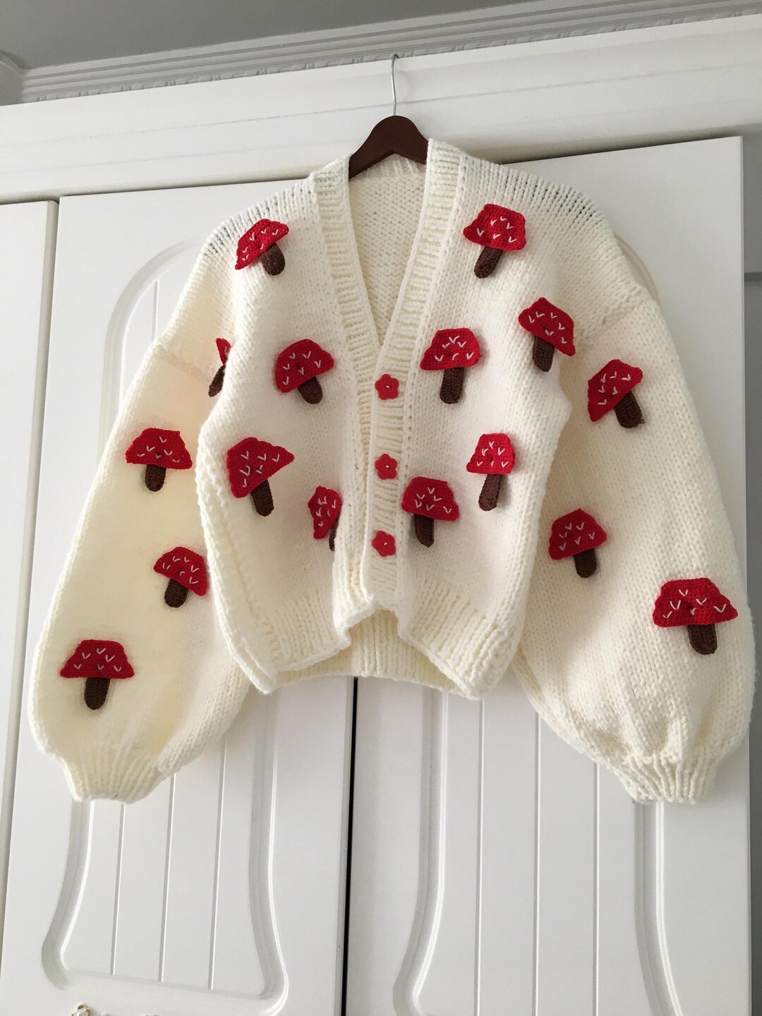 Mushroom Knit Cardigan, Mushrooms Embroidery Cardigan, Cozy Wool