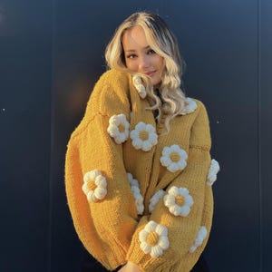 Yellow Flowers Daisy Cardigan, Cardigan Women, Gift For Women, Chunky Cardigan, Fluffy Cardigan, Big Flowers Cardigan, Soft Knit Jacket