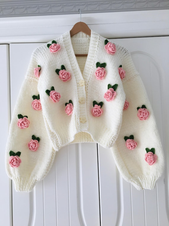 トップス Rose flower motif cardigan pink Crochet Jumbo Rose Cardigan, Pink Granny Square Cardigan