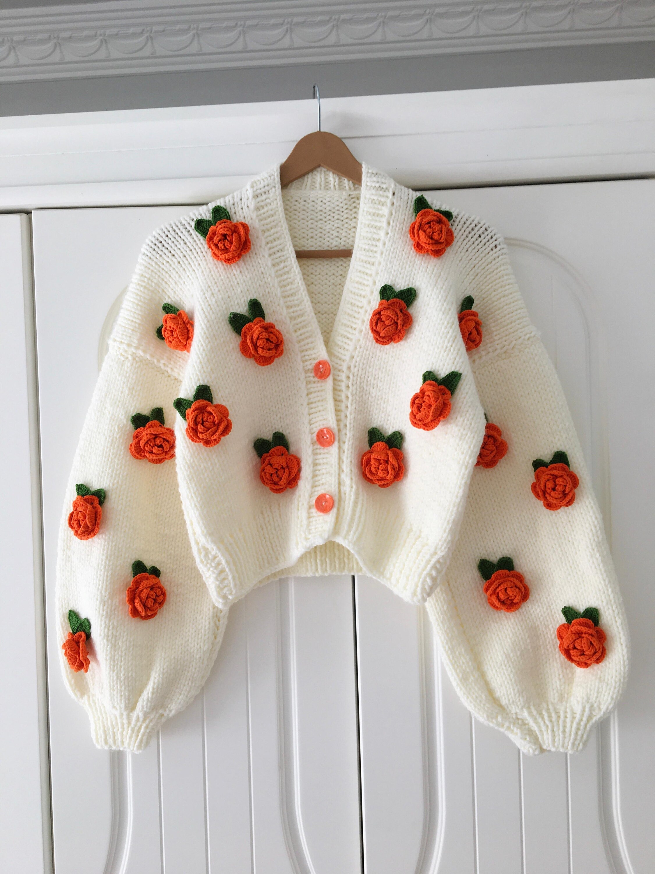 Handmade Knit Cardigan: Orange Roses Floral Crop Sweater - Etsy