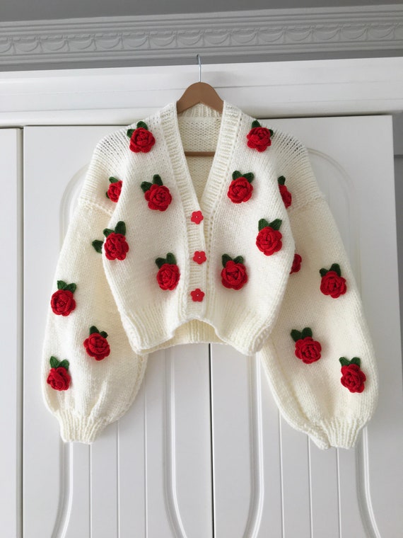 Rose flower motif cardigan 【white】 Brown Roses White Cardigan,gift, Gift for Women, Cardigan