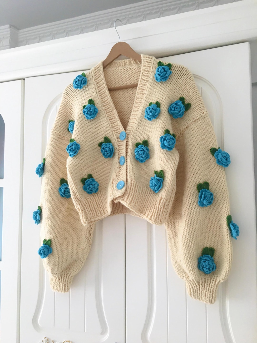 Handmade Blue Roses Knit Cardigan: Floral Crop Sweater - Etsy