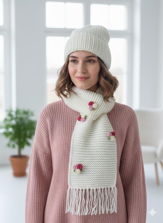 BERET & LONG SCARF SET Cable Knit Beret Hat Scarf & Glove Matching 3 Piece Set Set  main image 4