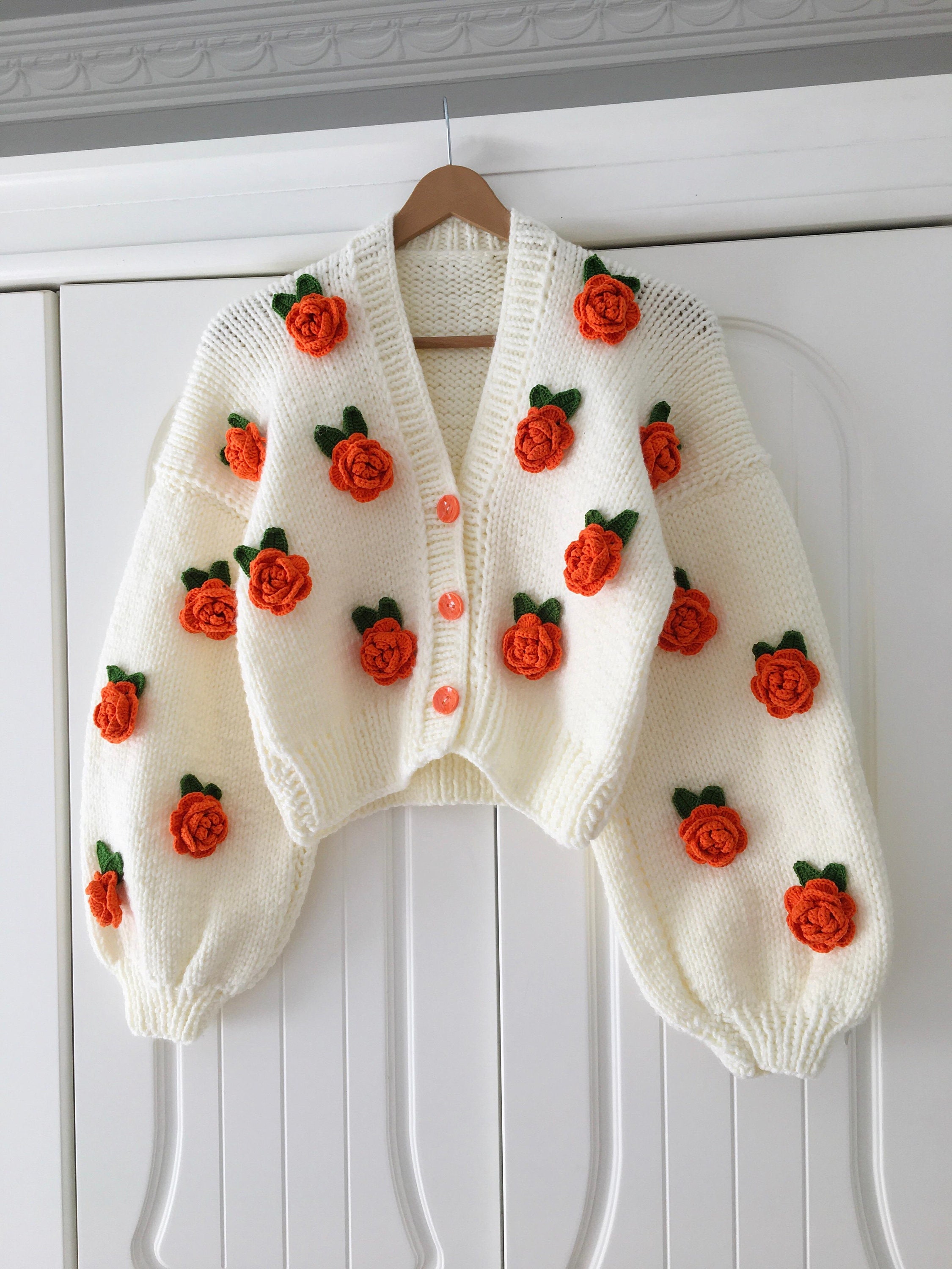 Handmade Knit Cardigan: Orange Roses Floral Crop Sweater - Etsy