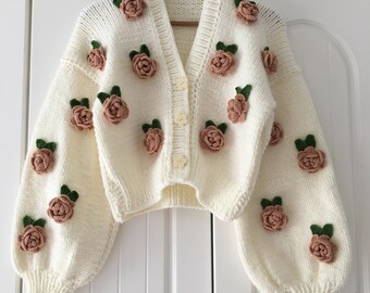 Rose flower motif cardigan 【white】 Buy Pink Roses White Cardigan,gift, Gift for Women, Cardigan