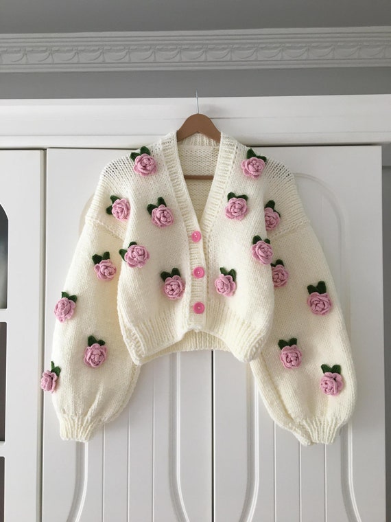 Handmade Pink Roses Cardigan: Floral Chunky Knit Crop Top - Etsy