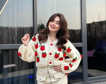 ハンドメイドの赤いバラのニットカーディガン - Etsy 日本