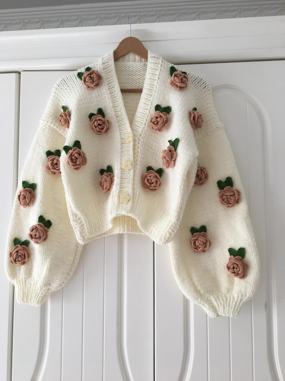Rose flower motif cardigan 【white】 Brown Roses White Cardigan,gift, Gift for Women, Cardigan