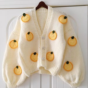 Lemon Knit Cardigan, Lemon Embroidered Cardigan Jacket, White Cardigan, Gift, 3D Lemon Cardigan, Fruit Sweater, Lemon Sweater, Fruit Crochet