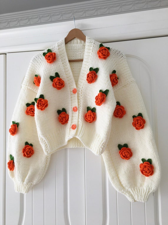 Rose flower motif cardigan 【white】 Soft Knit Sweater, Orange Roses White Cardigan, Gift, Unique
