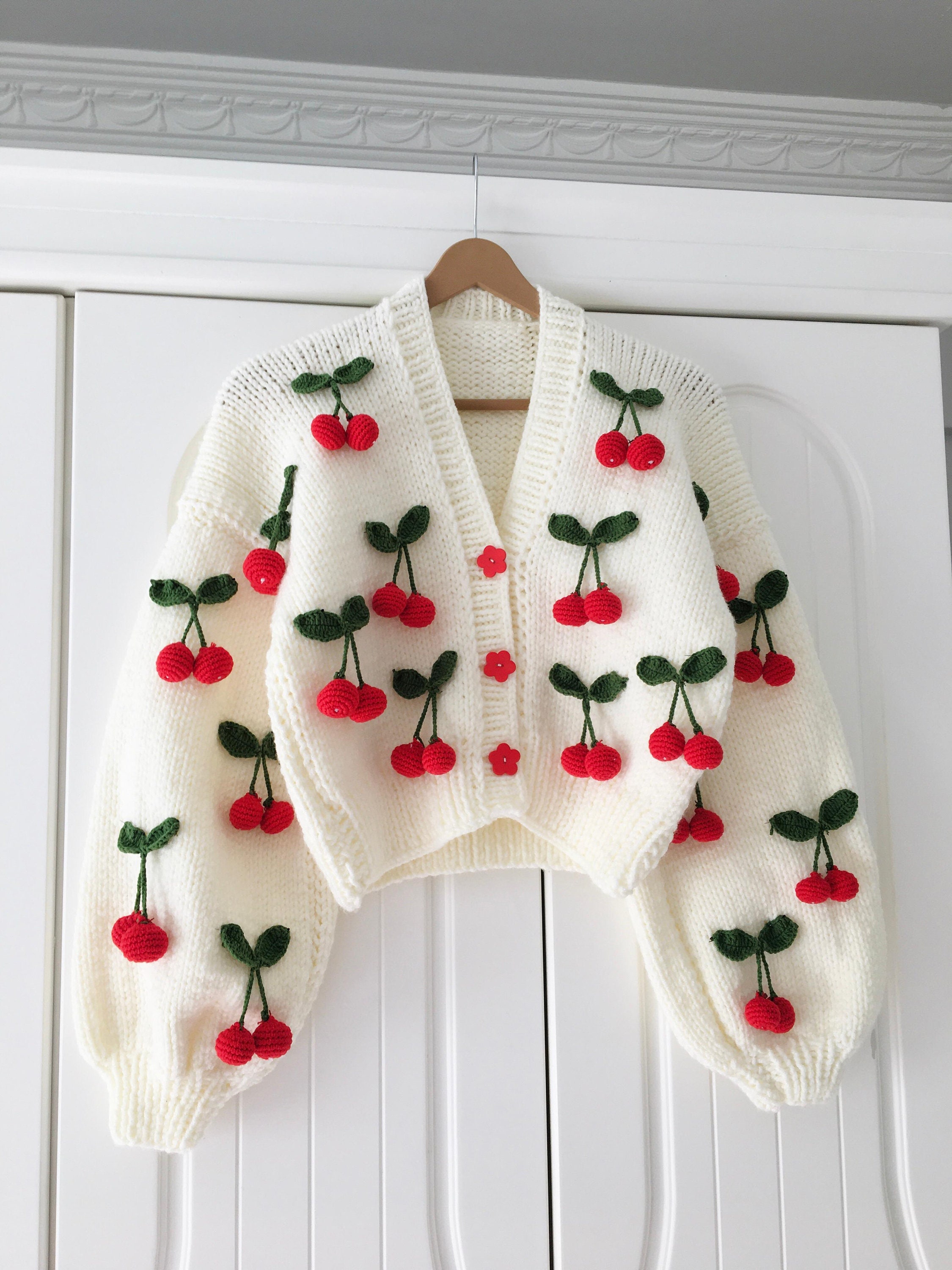 vintage cherry × flower cardigan Cherry Cardigan, Cardigan Women, Floral Crop Trendy Chunky