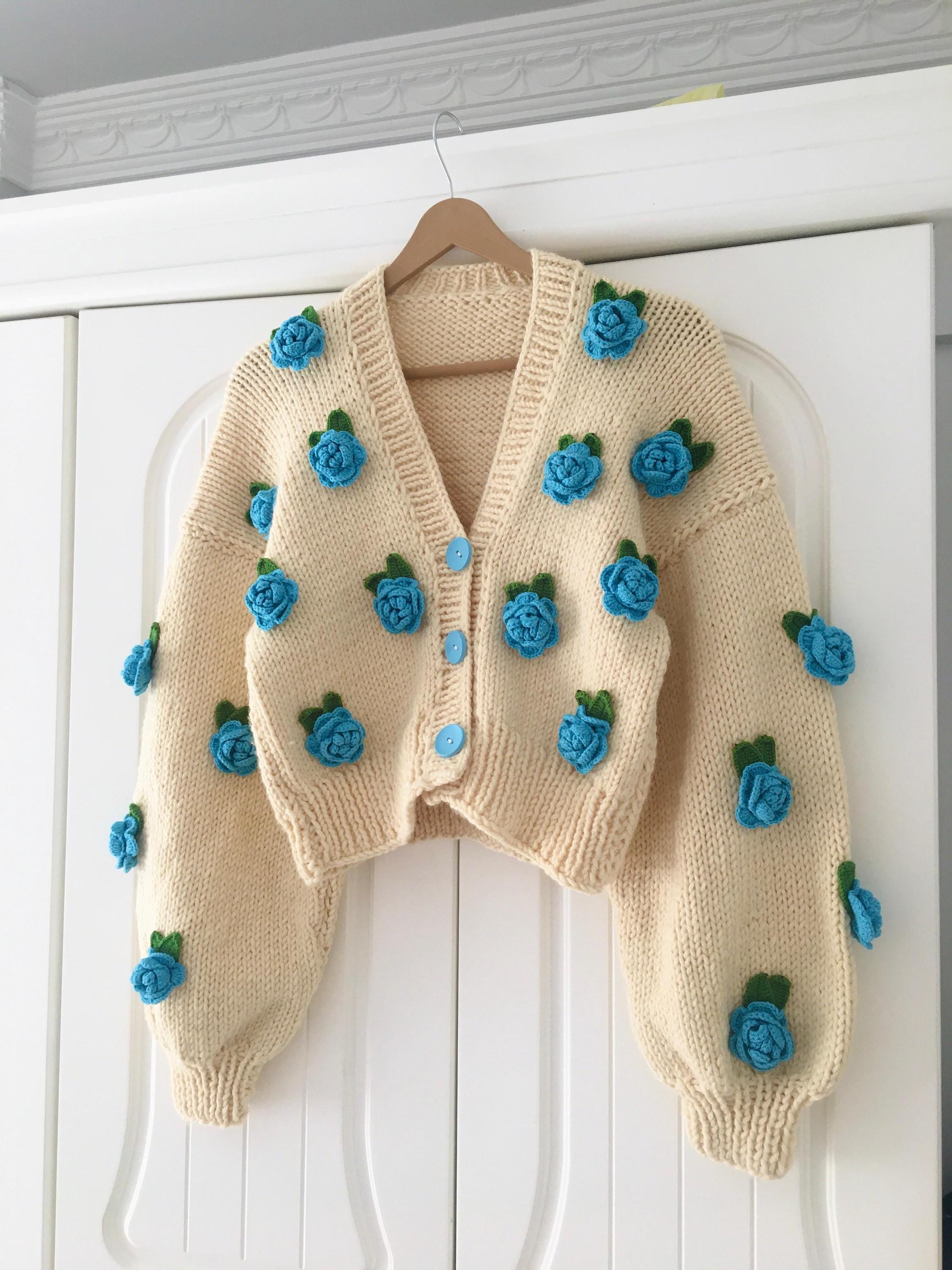 Handmade Blue Roses Knit Cardigan: Floral Crop Sweater - Etsy