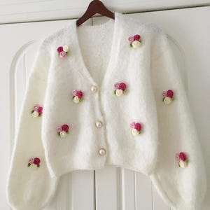 Pink Flowers White Soft Cardigan, Gift For Women, Fluffy Cashmere Chunky Cardigan, Pink Rose Cardigan, Wedding Bridal Angora Cardigan