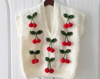 Cherry Sweater, Sweater Women, Floral Crop Trendy Chunky Sweater, Trendy Sweater For Women Cardigan