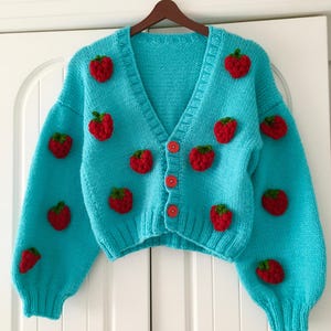 Strawberry Blue Cardigan, Strawberry Cardigan, Floral Trendy Chunky Cardigan, Embroidered Jacket, Soft Cardigan , Unique Knit Blue Sweater