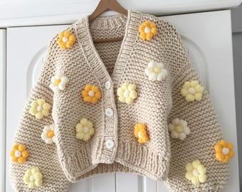幻❣️ gypsohila fleur cardigan yellow❣️ Leilayca Yellow Rose Cardigan , Chunky Cropped Cardigan for