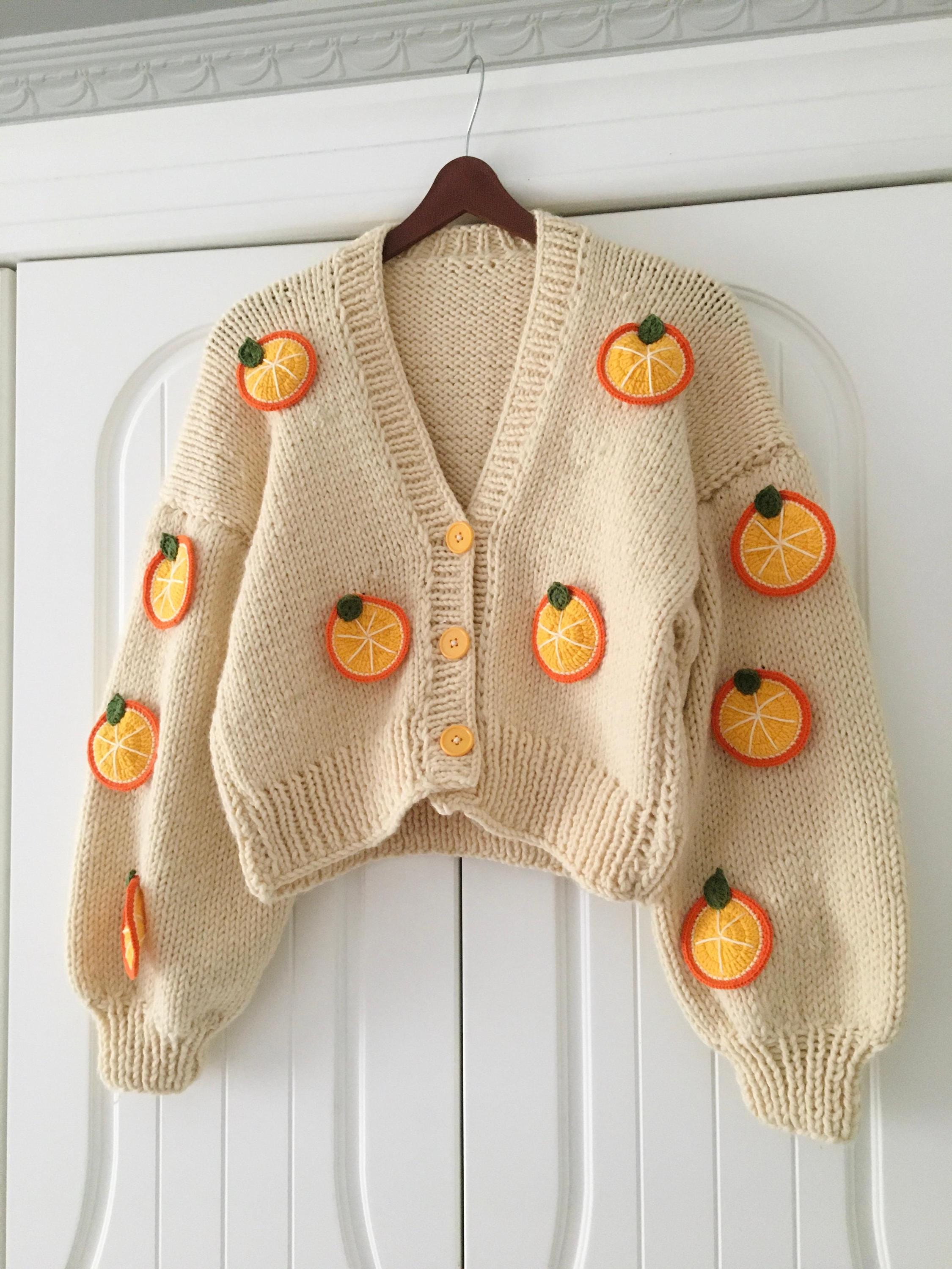 Orange Knit Cardigan, Orange Embroidered Cardigan Jacket