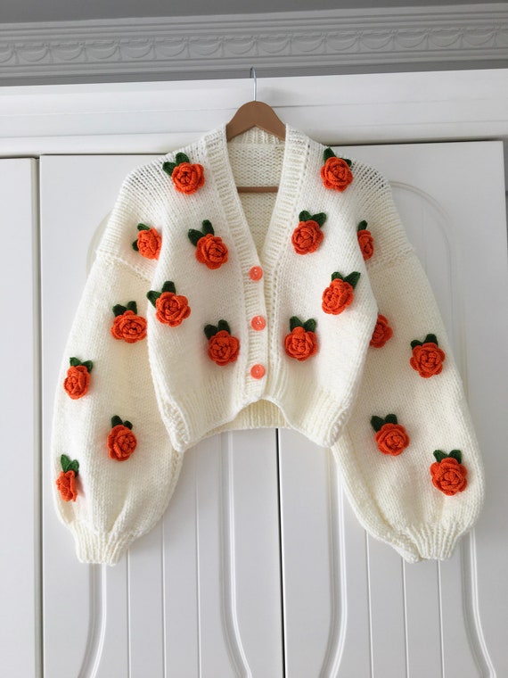 Handmade Knit Cardigan: Orange Roses Floral Crop Sweater - Etsy Handmade Knit Cardigan: Orange Roses Floral Crop Sweater - Etsy