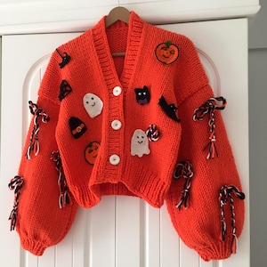 Halloween Party Sweater, Gift, Halloween Cardigan , Halloween Gift, Pumpkin Sweater, Handmade Knit Halloween Cardigan