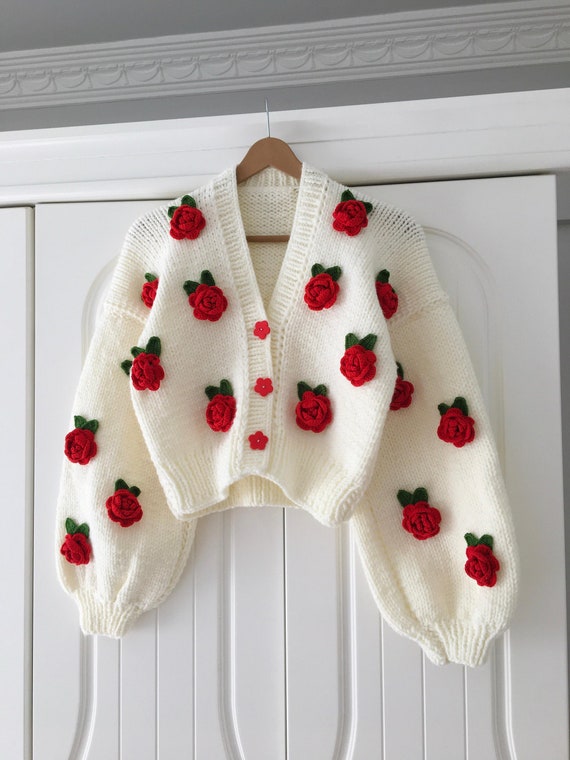 【GRAVER】21FW★ Red Flower Smile Embroidered Cardigan Flower smile knit zipper cardigan - GRAVER | 60% - Asian