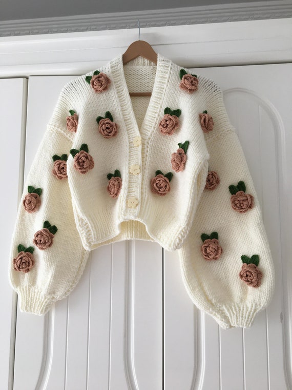 Handmade Floral Knit Cardigan: Brown Roses, Cozy & Chunky - Etsy