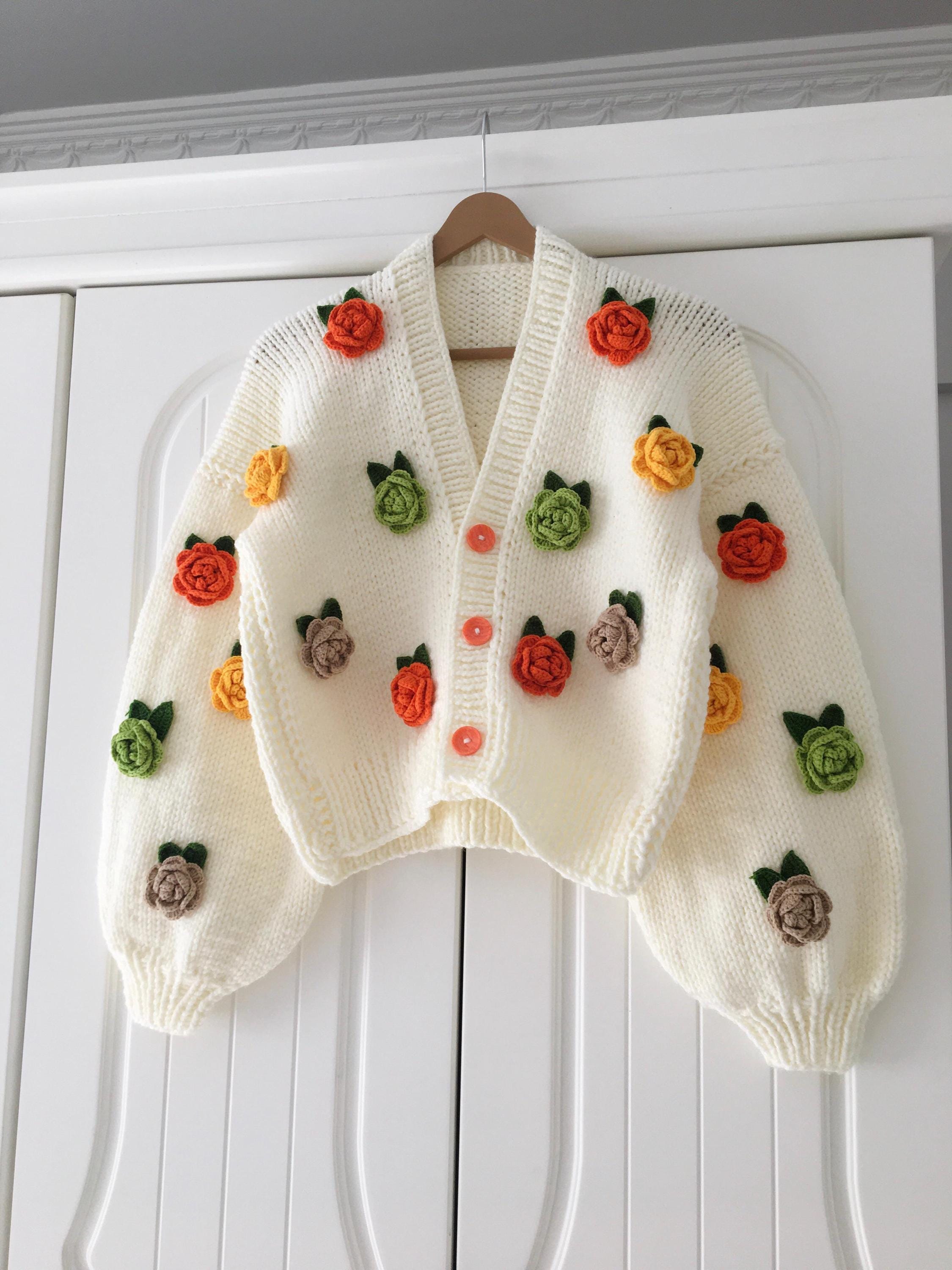 Hand Knit Colorful Roses Cardigan: Chunky Floral Crop Sweater - Etsy