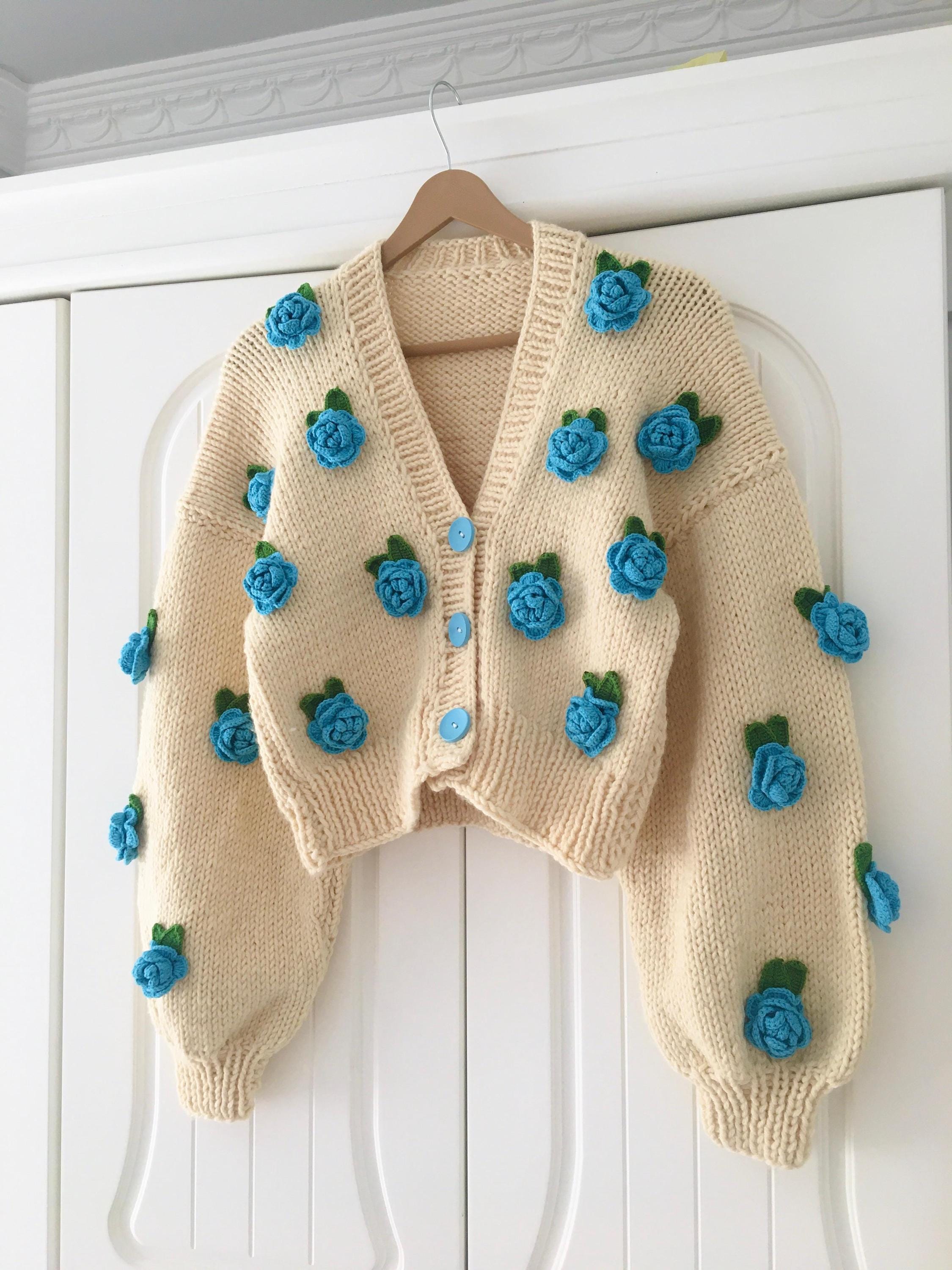 Handmade Blue Roses Knit Cardigan: Floral Crop Sweater - Etsy