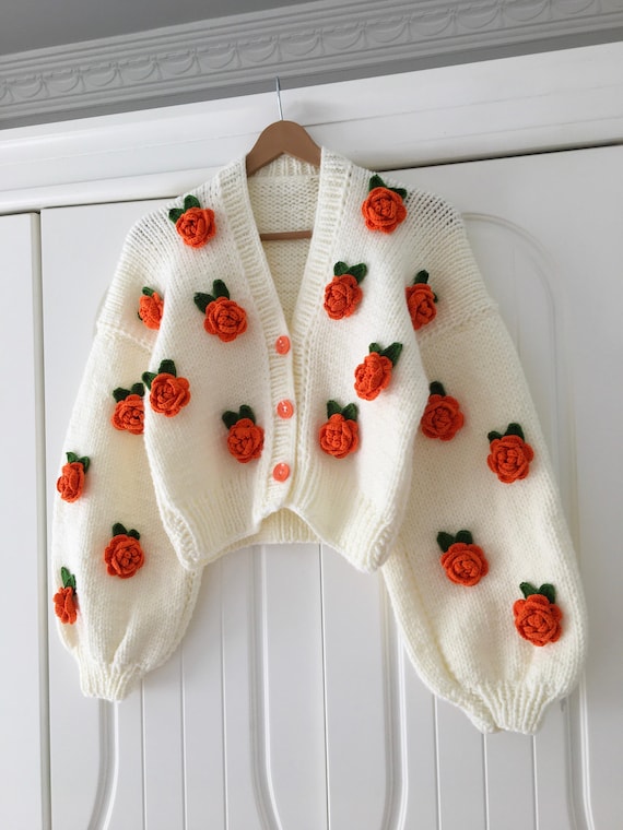 Rose flower motif cardigan 【white】 Soft Knit Sweater, Orange Roses White Cardigan, Gift, Unique