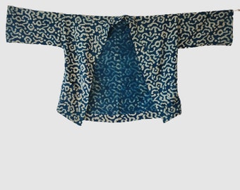 Organic indigo dye unisex Hanten Kimono jacket hand printed with traditional Ajrakh block print technique.