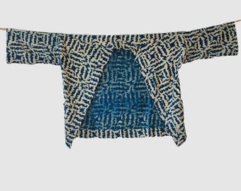 Organic indigo dye unisex Hanten Kimono jacket hand printed with traditional Ajrakh block print technique.