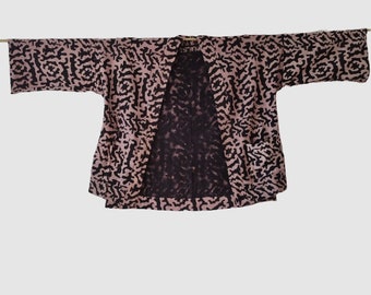 Unisex Hanten Kimono jacket hand printed with traditional Ajrakh block print technique. Natural dye from Terminalia Chebula tree nuts.