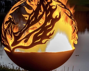 Phoenix wood burning fire pit sphere 20" with personalization, Custom Outdoor Metal Art Fireplace