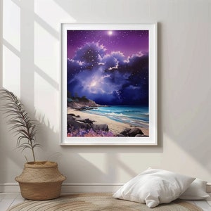 Watercolor Painting, Twilight Beach, Twilight sky, Purple Sky, Majestic Clouds, flowers blooming, shining moon