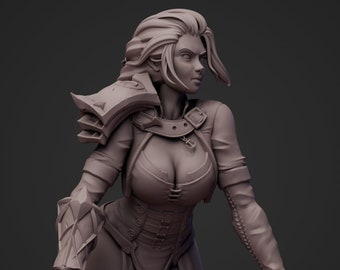 May include: A 3D printed figurine of a woman in a fantasy warrior pose. She is wearing armor and a skirt, and she is holding a sword. The figurine is painted in a light brown color.