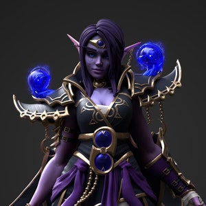 May include: A dark purple female elf figurine with long black hair, wearing a black and gold robe with blue accents. She is holding a staff and has blue glowing orbs around her. The figurine is standing on a rocky base with skulls and blue glowing effects.