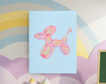 May include: A pastel pink balloon animal shaped like a dog on a light blue background. The balloon animal is in a playful pose with its tongue sticking out.