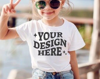 Youth White Tshirt Mockup, Gildan G500B White T-shirt Mock-up, Toddler Girl Model Outdoor Mock up, Child Lifestyle Blank Tee Mockup Template