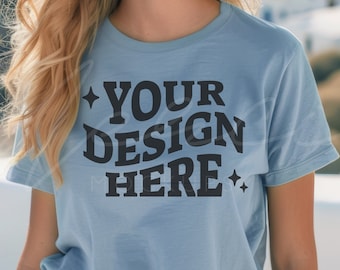 Baby Blue T-Shirt Mock-up, Bella Canvas 3001 Baby Blue T-shirt Mocks, Casual Wear Light Blue T-Shirt Mockup Template, Lifestyle Model Mock