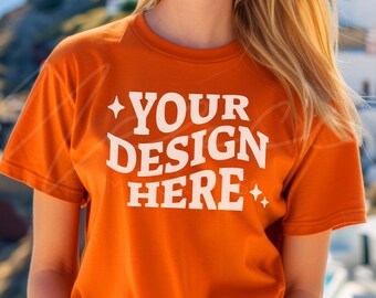 Orange Color T-Shirt Mock-up, Bella Canvas 3001 Burnt Orange T-shirt Mocks, Orange T-Shirt Mockup Template, Lifestyle Model Mock