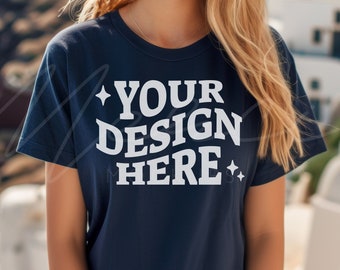 Team Navy T-Shirt Mock-up, Bella Canvas 3001 Team Navy T-shirt Mocks, Casual Wear Navy Blue T-Shirt Mockup Template, Lifestyle Model Mock